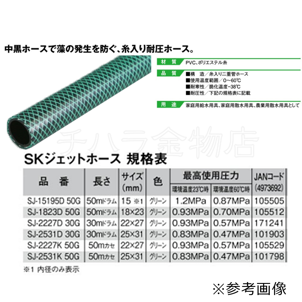 SKネットホース 50m 内径25mm 外径31mm SN-2531K50G グリーン 最高使用圧力0.70Mpa 耐圧ホース 糸入り二重管ホース クリア 三洋化成 吉K 代引不可 - 1